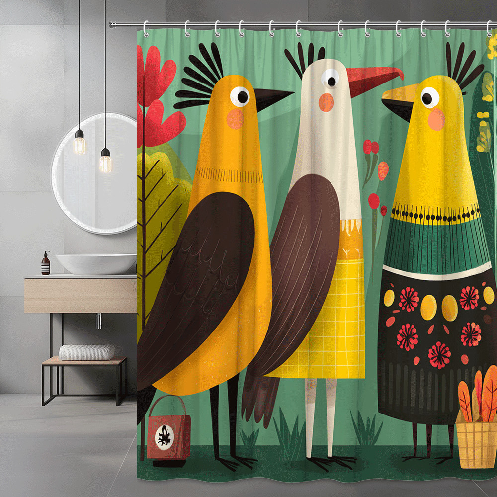 Bird Shower Curtain Colorful Folk Art Birds Floral Print
