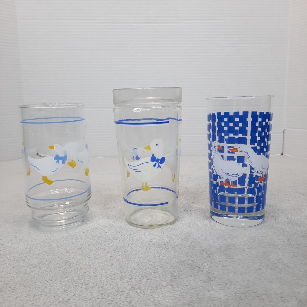 Vintage Country Goose Blue Bow Geese Drinking Glasses Libbey Carlton Lot of 3