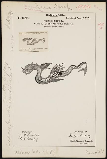 Photo:1899 Fruitcin Company Sea Serpent Medicine Trademark Registration