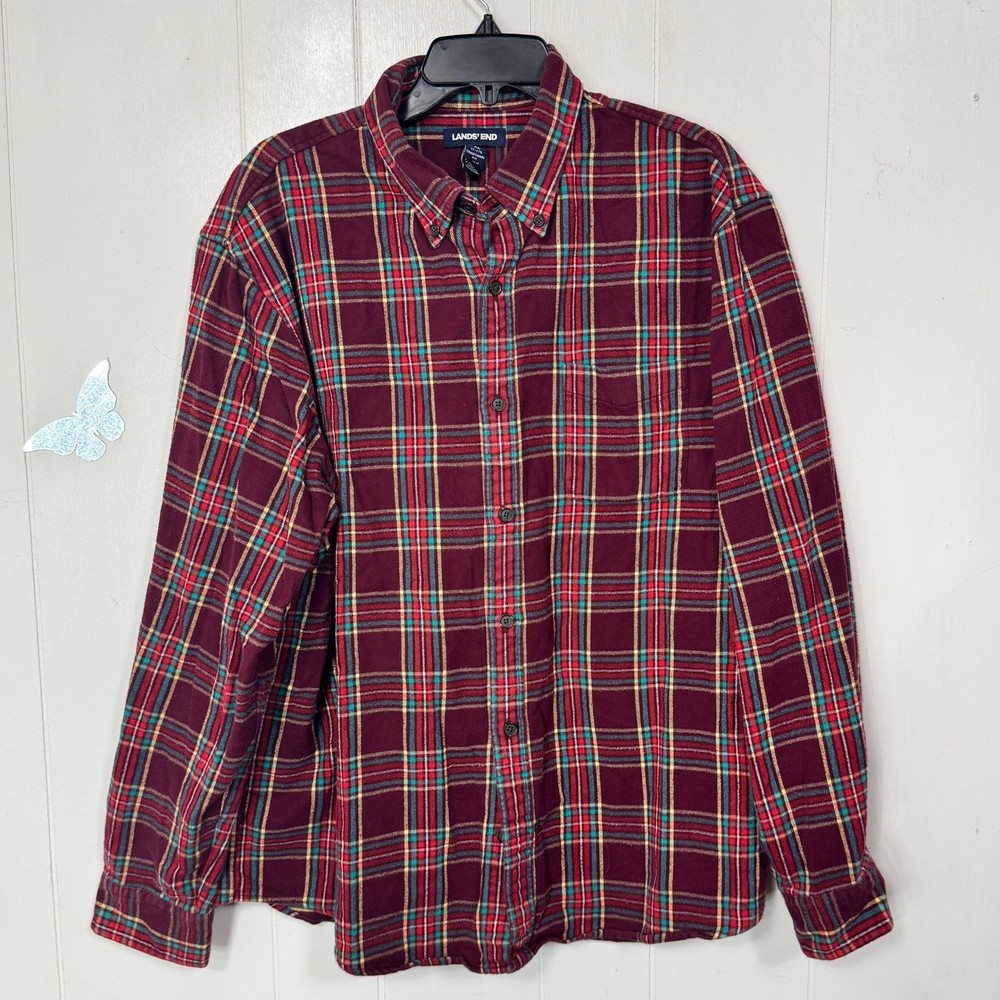 Lands' End Mens XL Flannel Button Down Shirt Plaid Long Sleeve Traditional Fit