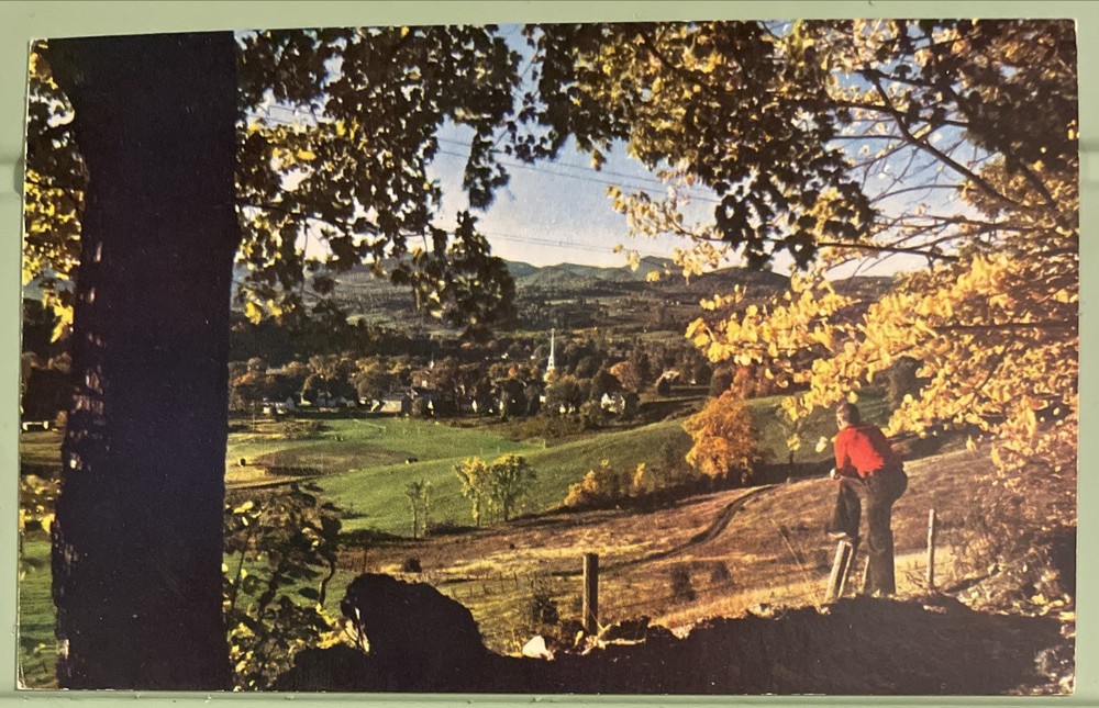 1950c Stowe Vermont Village Postcard Mt Mansfield New England Church  Town