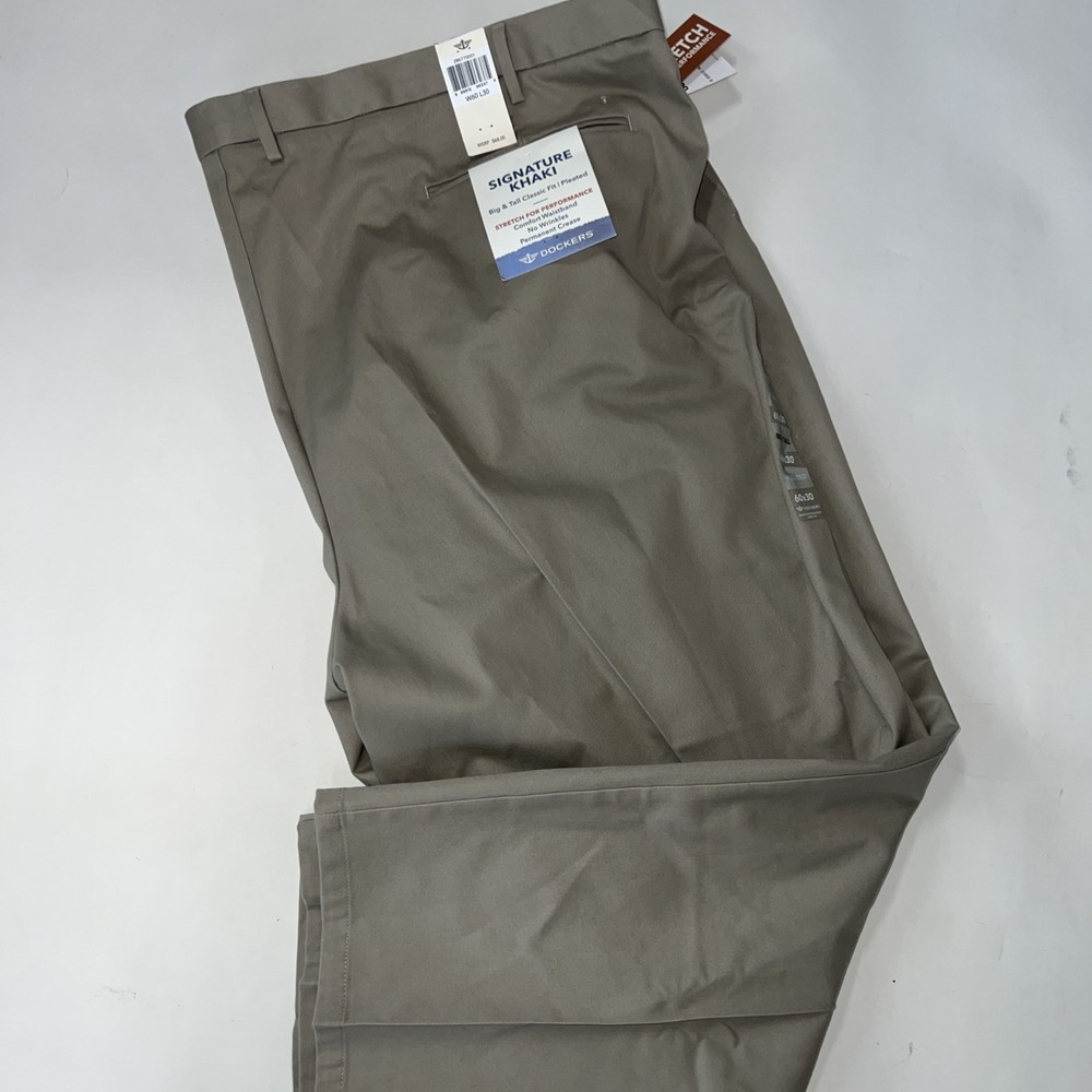 Dockers Signature Khaki Stretch Classic Fit Pleated Pants Sz 60 X 30 Tan NEW