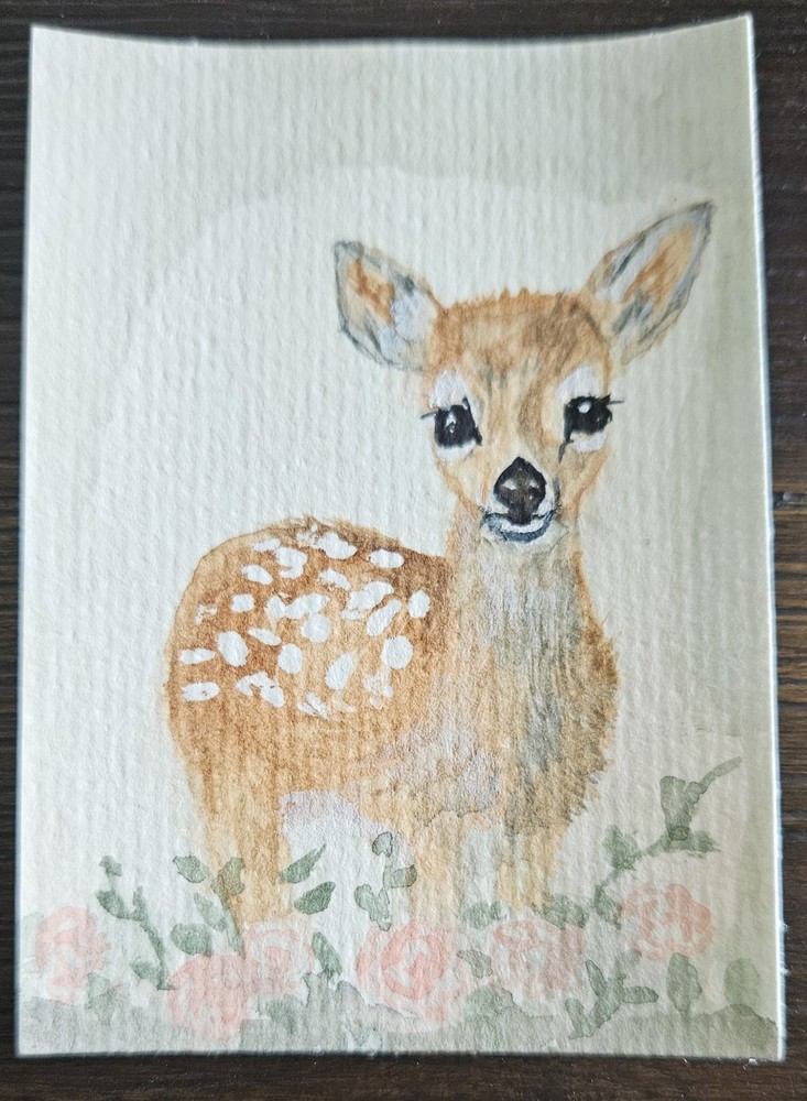 ACEO Deer Fawn In Flowers Original Watercolor Art Nature Painting Mini Signed