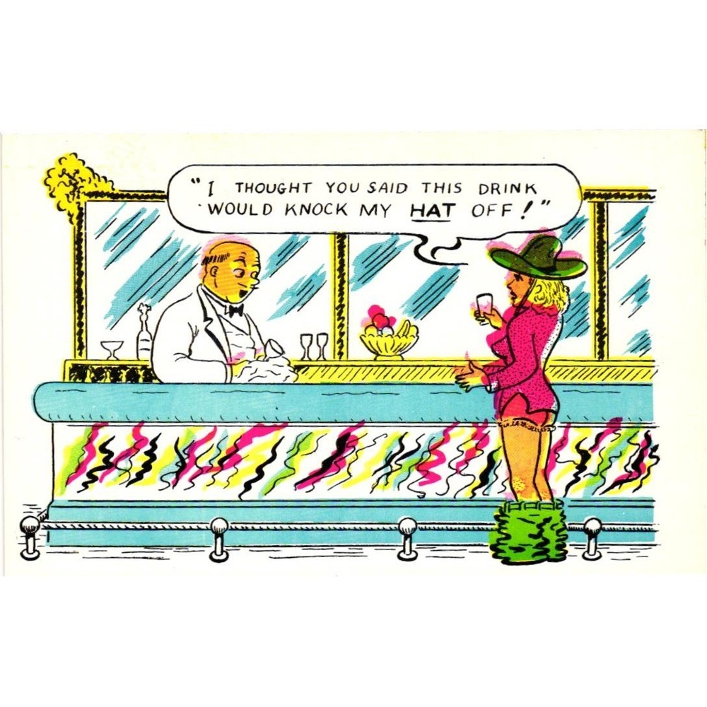 Vintage Comic Postcard Risque Humor Bar Scene Knock My Hat Off Unposted Chrome