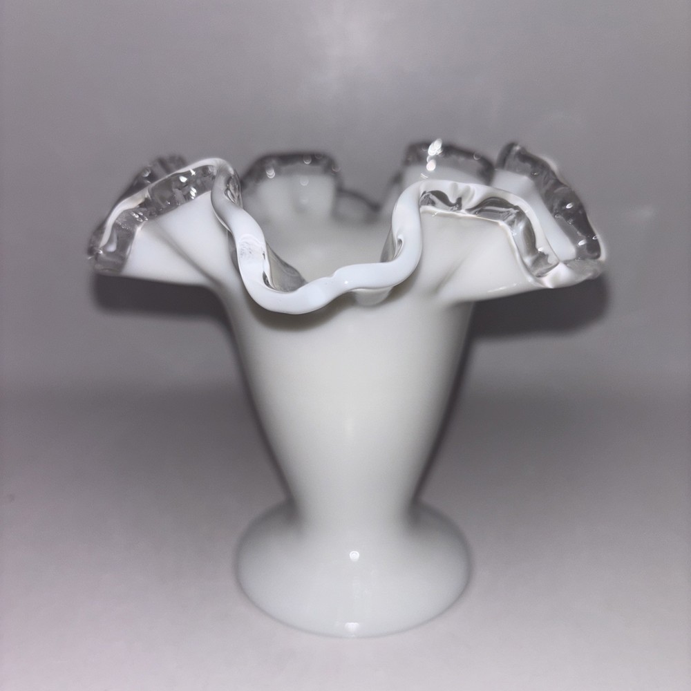 Vintage Fenton Milk Glass Silver Crest Vase with Ruffled Rim