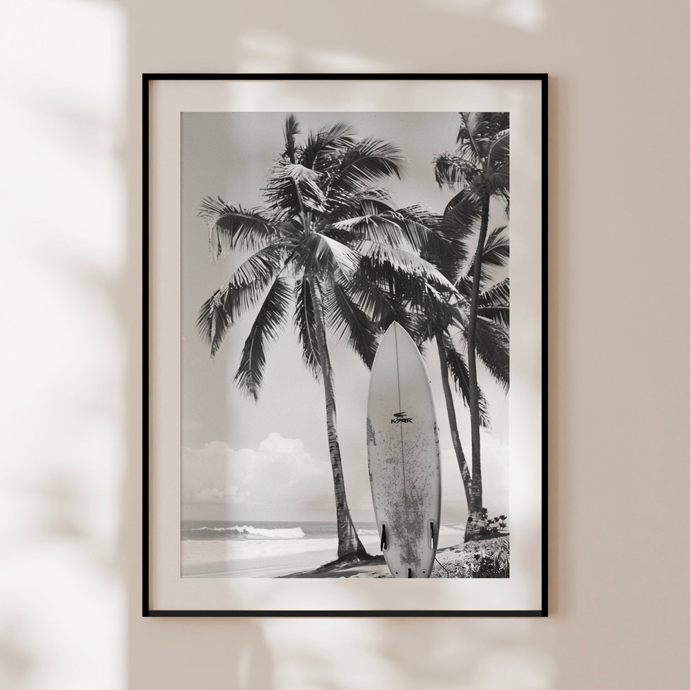 Vintage Black and White Surf Poster Palm Tree Coastal Wall Art