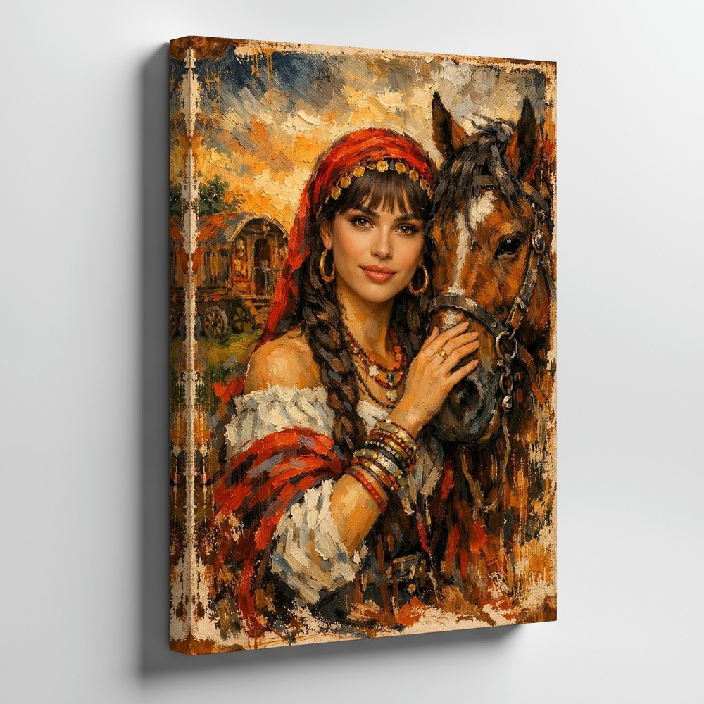 Romantic Gypsy Woman With Horse Canvas Wall Art Vintage Boho Style Canvas Print