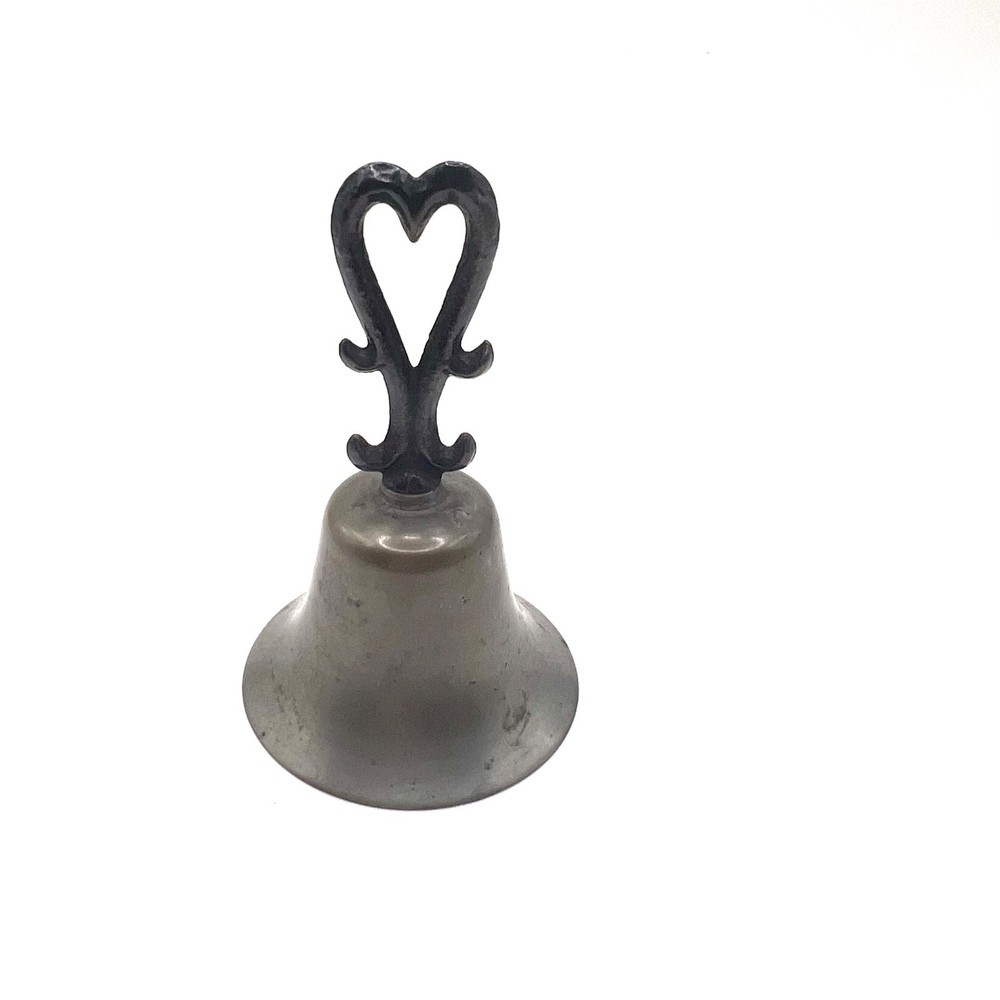 Vintage Brass Hand Bell Cast Iron Heart Shaped Handle Dinner Counter Call Rustic