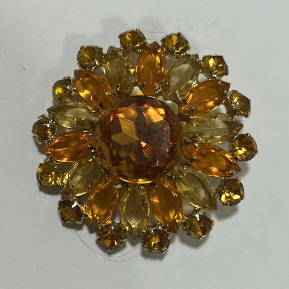 Vtg Orange Rhinestone Floral Starburst Statement Brooch Pin Gold Tone Rollover