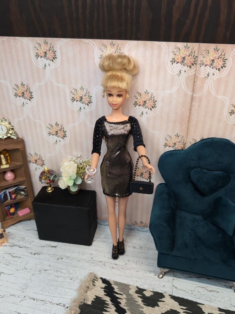 Vintage Barbie / Francie Clone Outfit- Dress, Fashionista Shoes, Purse and Glass