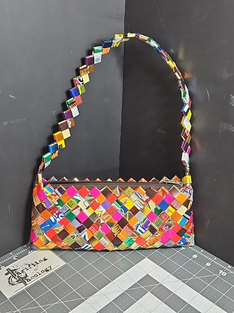 Colorful Woven Candy Gum Wrapper Purse Shoulder Bag Wearable Art Upcycled 11x5”