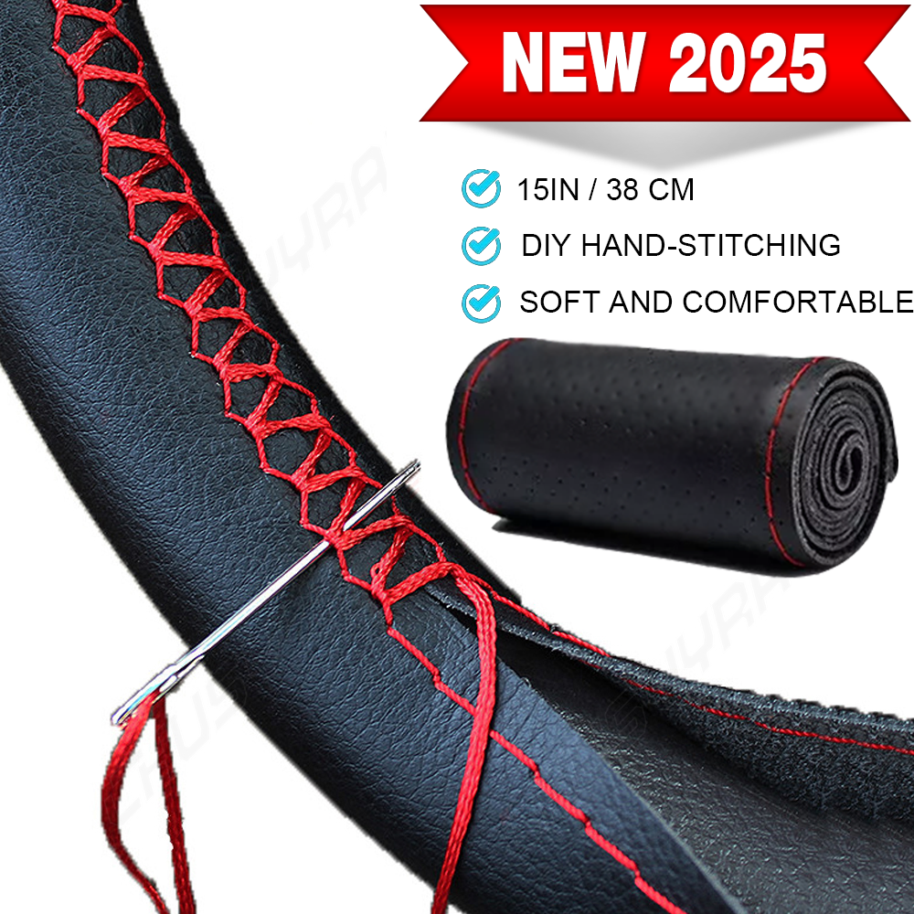38CM Genuine Leather Steering Wheel Cover for Nissan 1999-2023 Black & Red