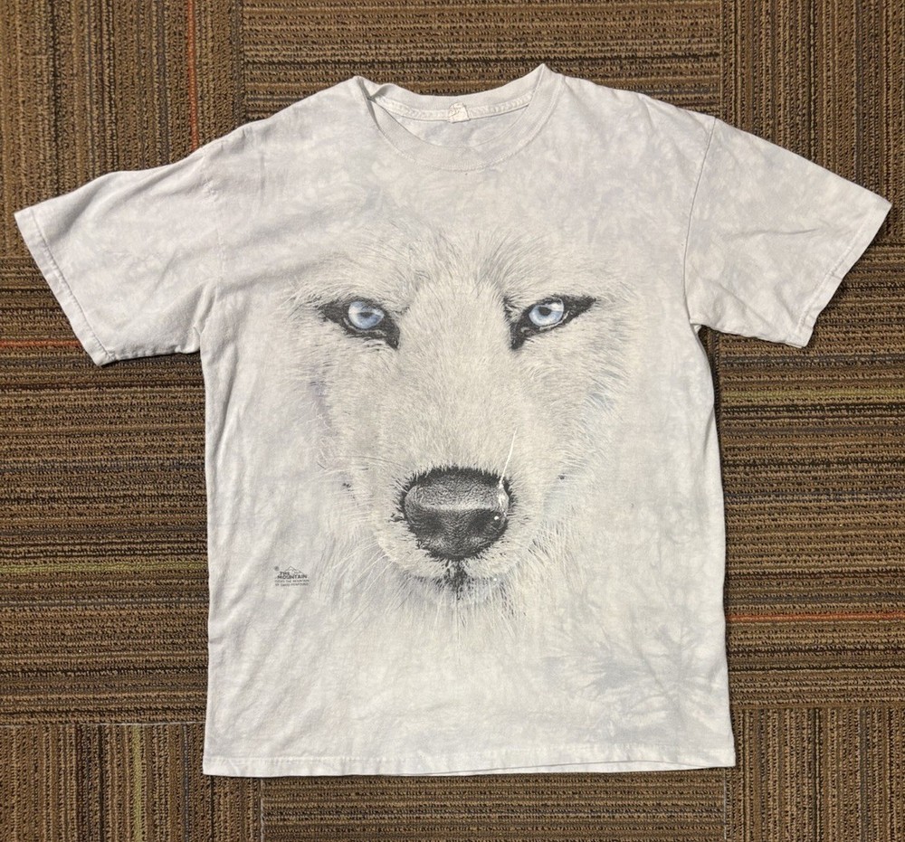 The Mountain Shirt Mens Medium Wolf Blue Eyes Graphic Tee White Thrashed Paint