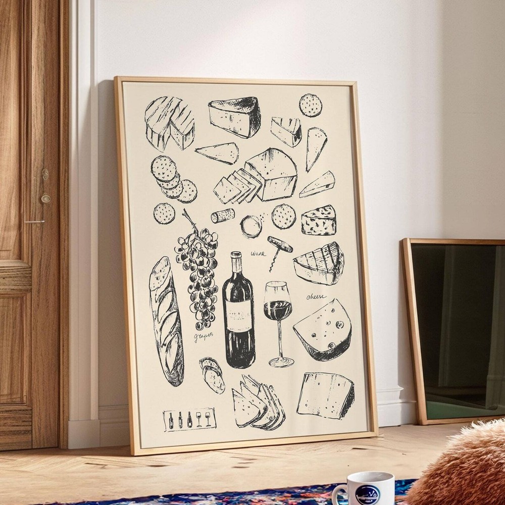 Wine And Cheese Kitchen Poster Hand Drawn French Winecharcuterie Board Print