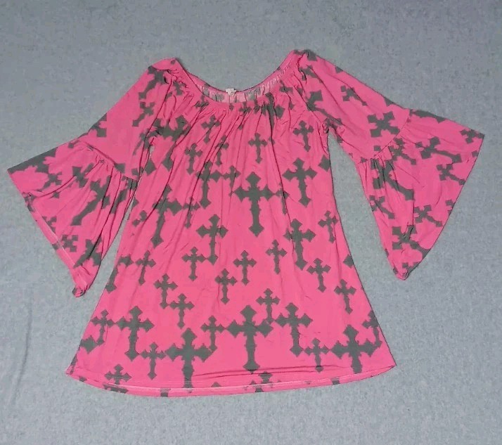 Bell Sleeve Off The Shoulder Cross Blouse Womens Size Medium Pink With Gray...