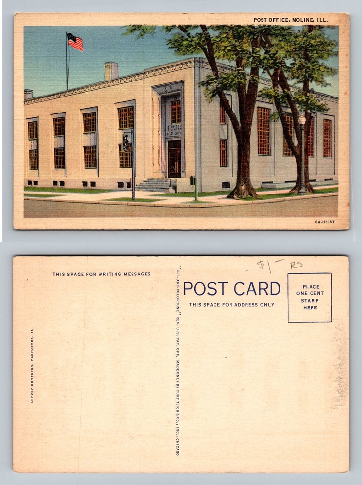 Moline, IL-Illinois, Post Office Building Flag Street Corner Vintage Postcard