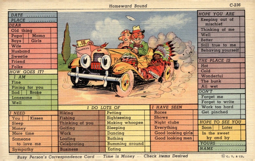 1938 Curt Teich Chicago IL Art-Colortone Linen Comic Postcard Correspondence Car