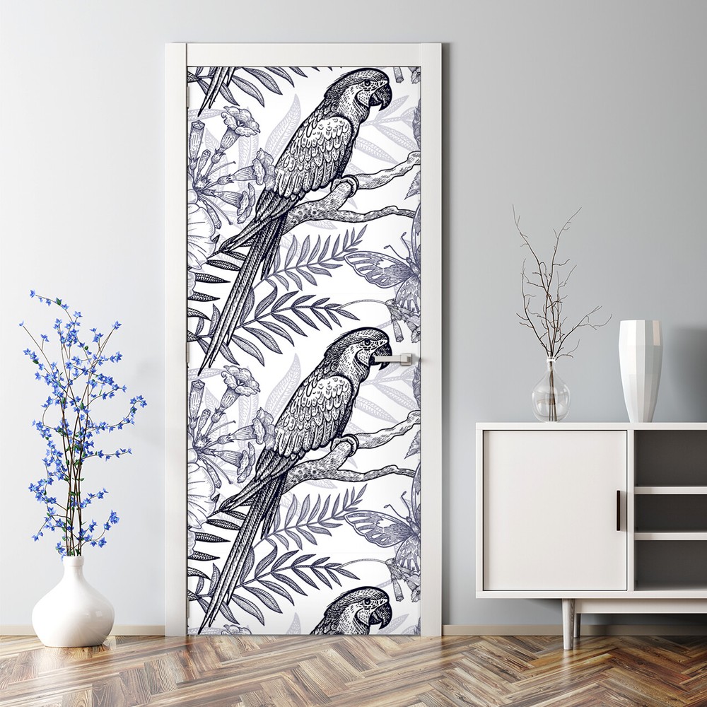 Blue & White Tropical Parrot Bubble-Free Door Sticker for Home Decor