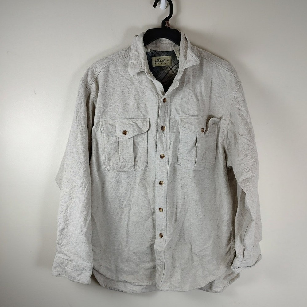 Vintage Eddie Bauer plaid lined beige button up shirt mens Large