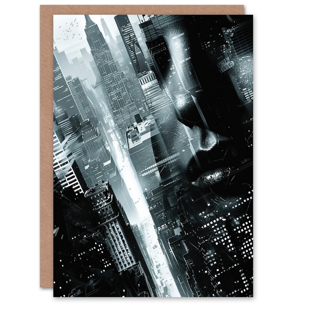 Film Noir Metropolis View Black White Cityscape Greeting Card Birthday Him Her