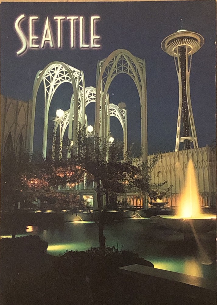 Seattle Washington Pacific Science Center & Space Needle POSTCARD Night View WA