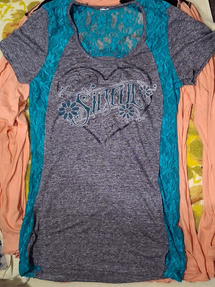 Sinful Gray Blue Lace Angel Graphic Scoop Neck Short Sleeve Women's T-Shirt