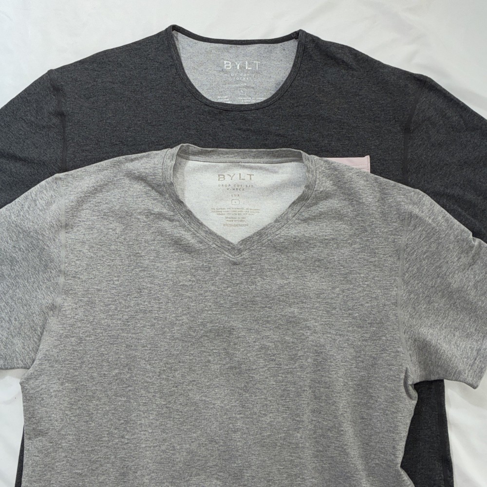 LOT OF 2 BYLT Mens Drop Cut Lux Short Sleeve Shirts Size Large Gray