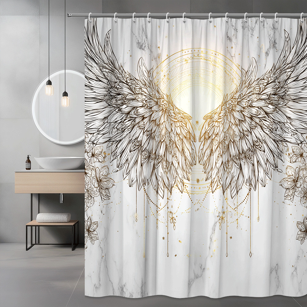 Angel Wings Marble Shower Curtain Gold and White Graphic