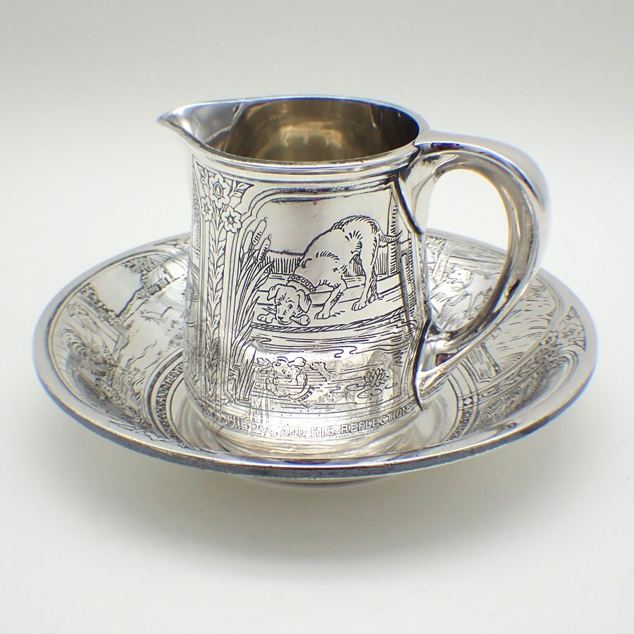 Acid Etched Blackinton Sterling Silver Baby Milk Pitcher and Bowl Set-image