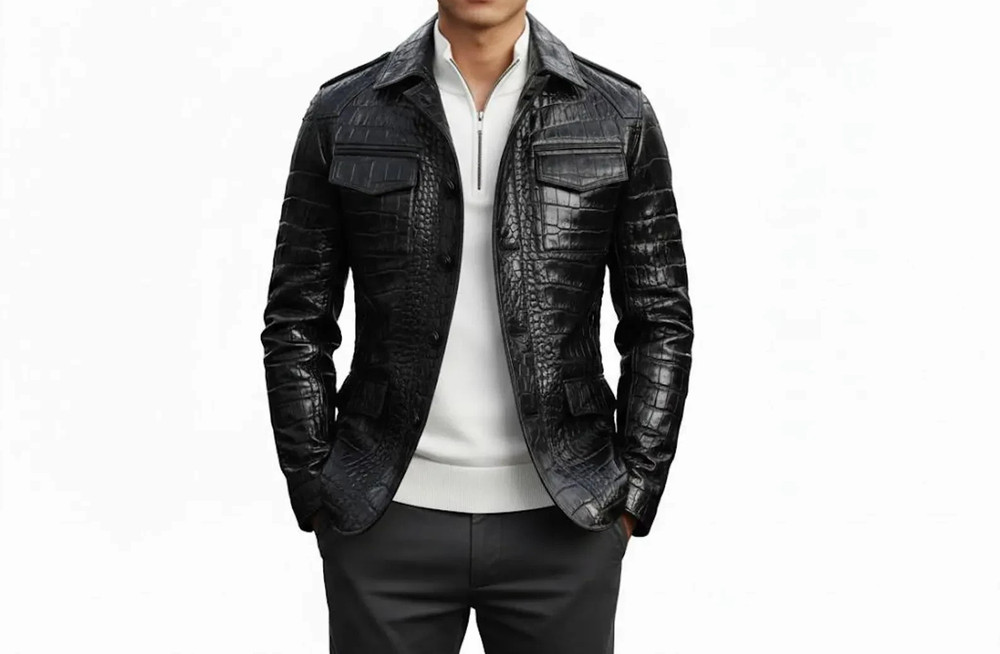 Men's Real Leather Crocodile Embossed Jacket Exotic Alligator Print Jacket
