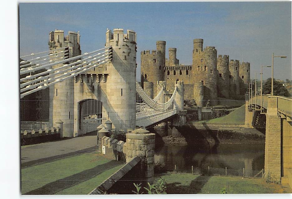 Postcard Conwy Castle and the Conwy Suspension Bridge in Wales