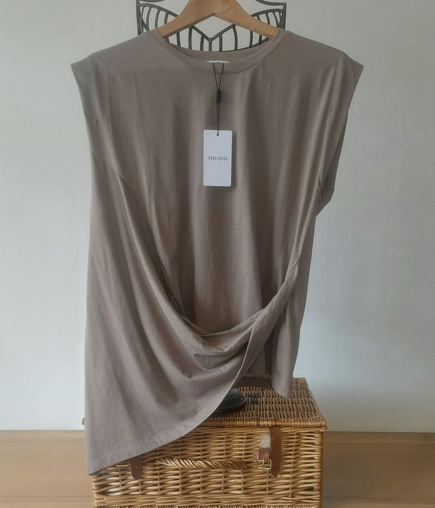 Reiss New Mocha Twist Knot Drape Cotton Sleeveless Tshirt Top M