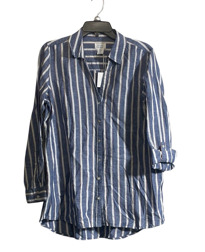 NWT Sigrid Olsen Sz Medium Linen Shirt V-Neck Button Down Roll Tab Coastal Beach