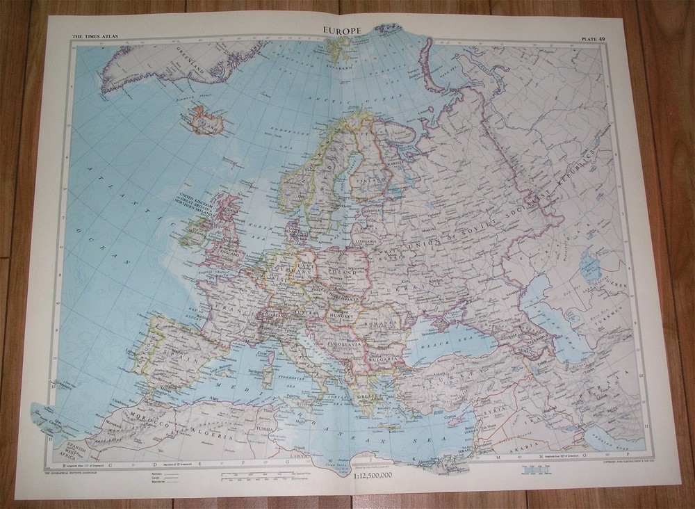 1955 Vintage Map Of Europe East Germany Poland Soviet Union Russia Ukraine Italy