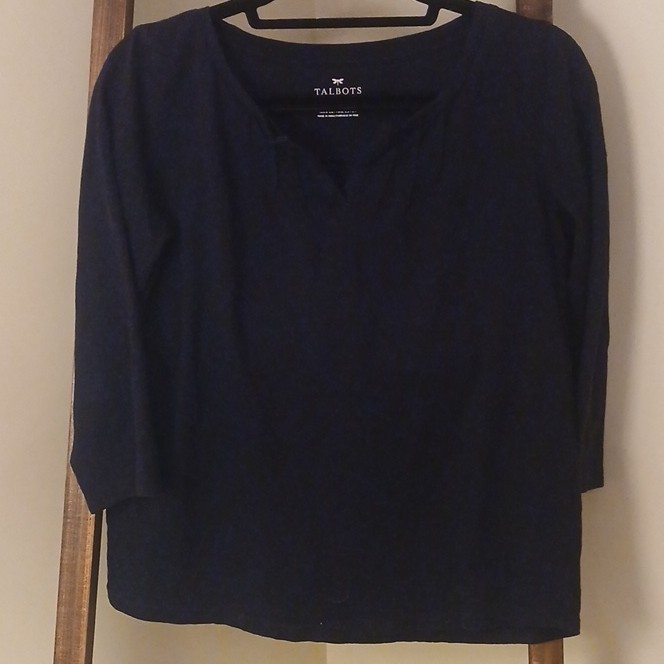 Talbots Petites Women's SP Navy Solid V-Neck Ruffle 3/4 Sleeve Knit Top
