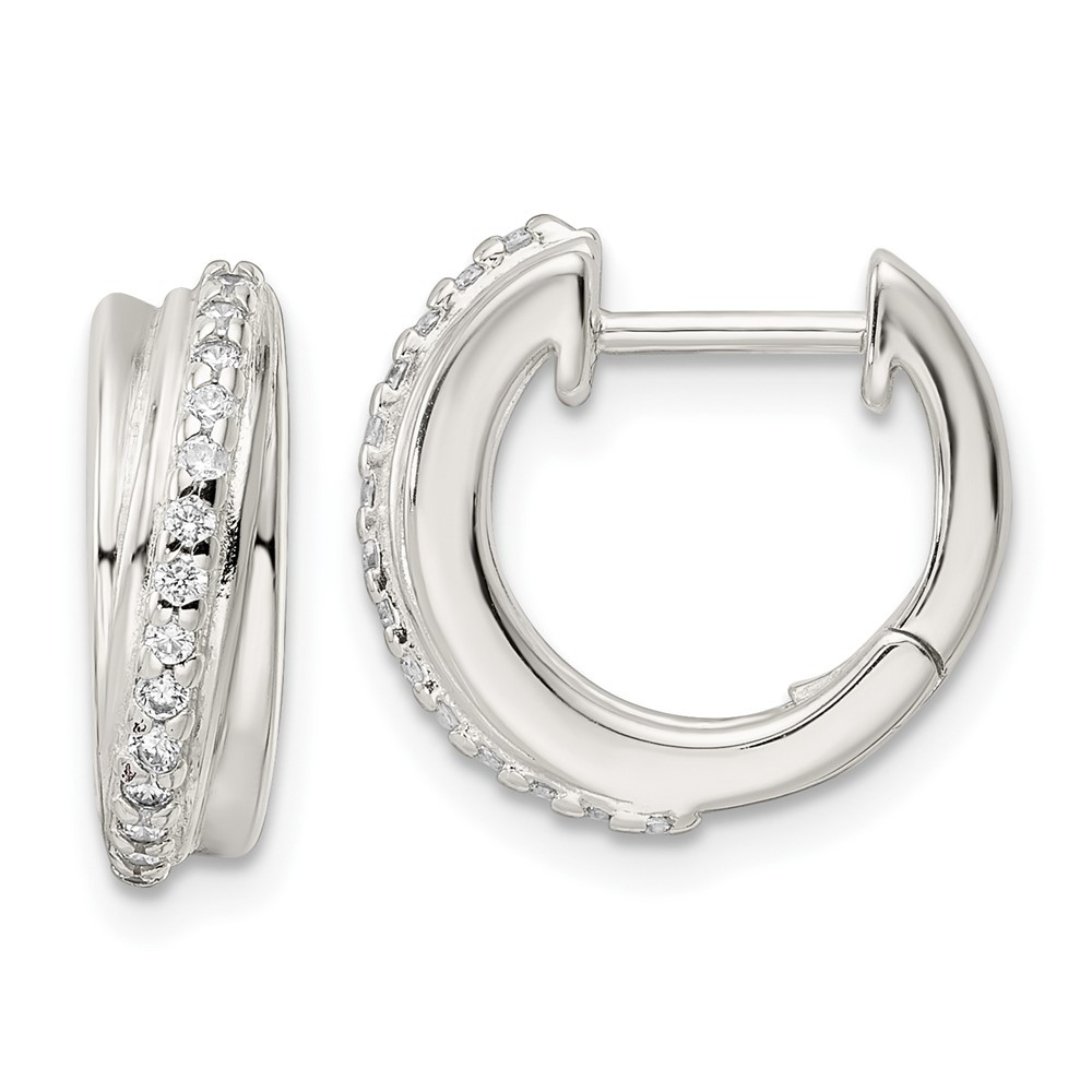Sterling Silver Polished Cubic Zirconia Hinged Hoop Earrings 3.44gm L-15.5mm