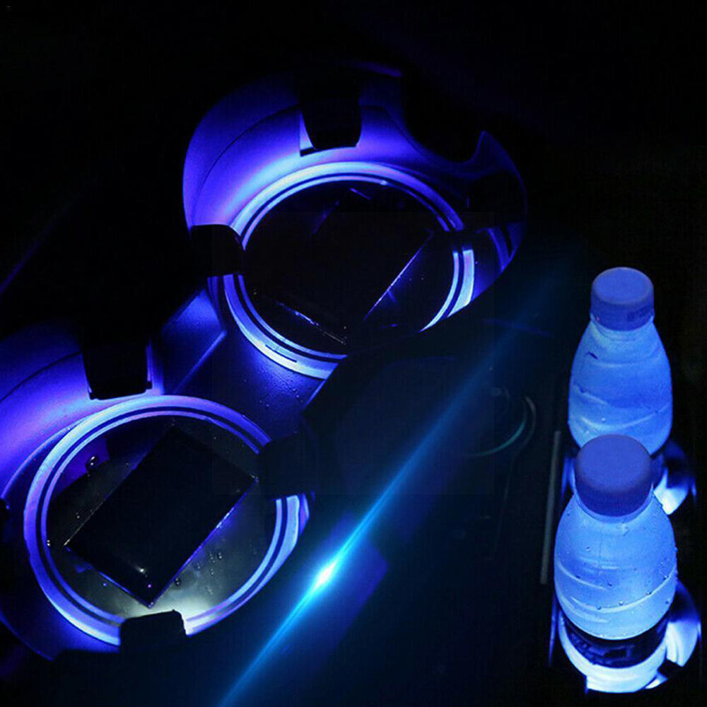 2PCS Solar Blue LED Light Cup Pad Insert Coaster Mat Car Interior Accessories
