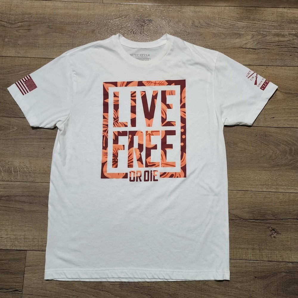 Grunt Style Mens XL Live Free Or Die Graphic White T-Shirt Patriotic Floral Tee