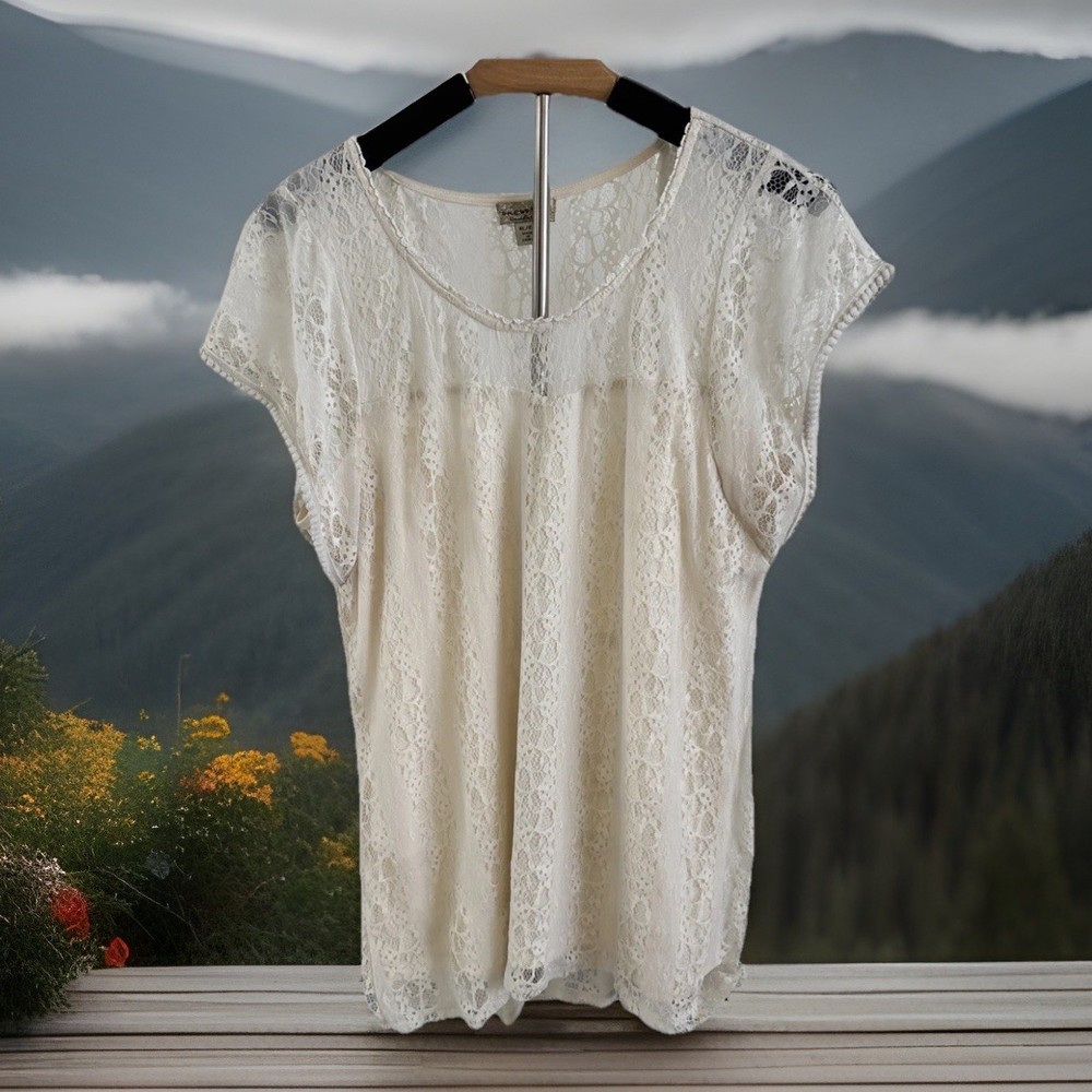 One World Size XL Ivory Lace Lined Cap Sleeve Top, Urban Casual