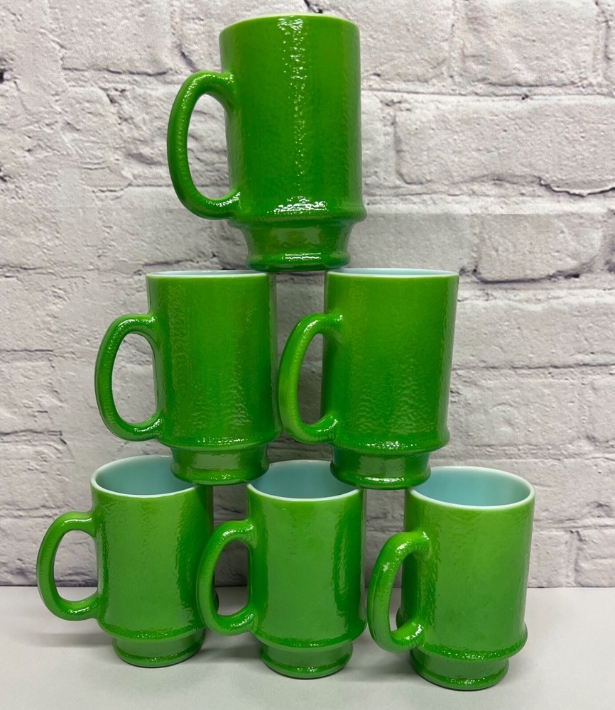 Vtg Green Milk Glass Mugs Coffee Tea Cup Set of Six(6)