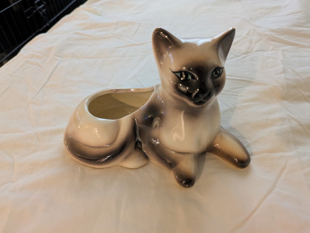 Vintage Mid Century Ceramic Siamese Cat Planter Trinket Dish Retro Style