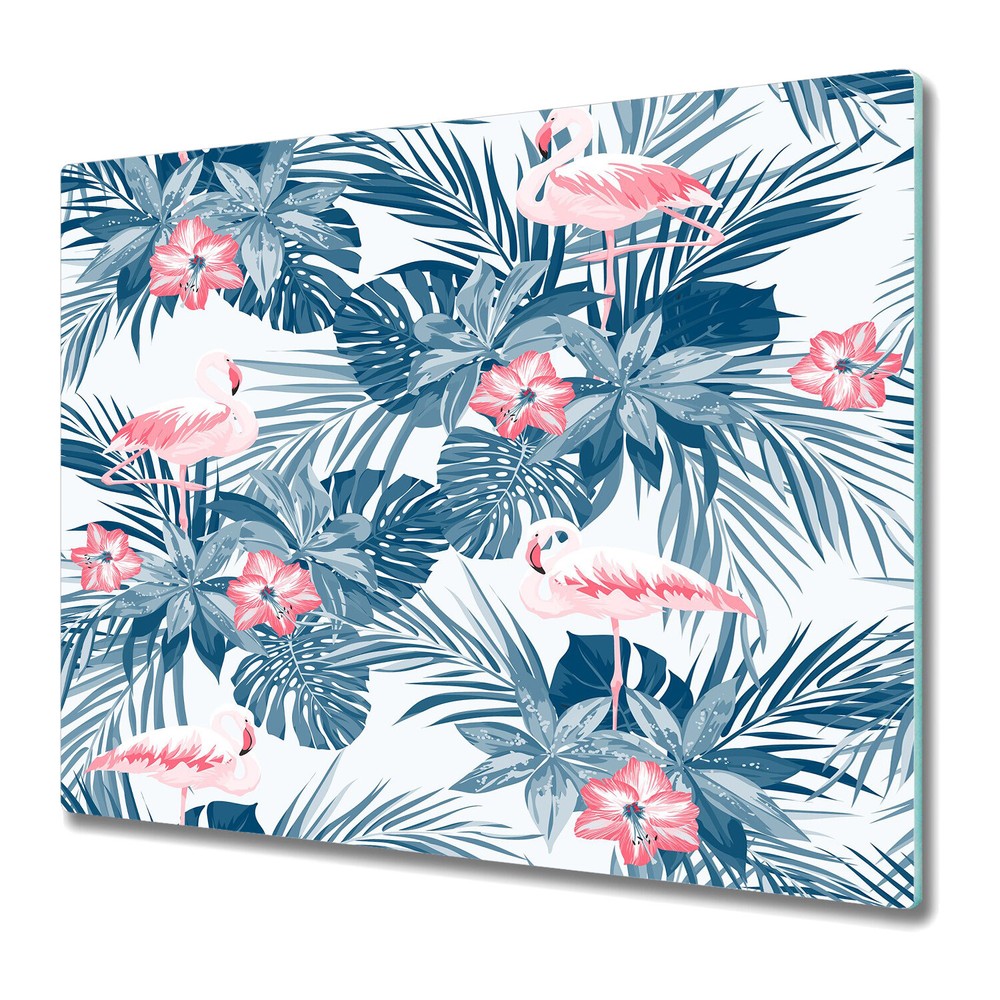 Glass Chopping Board Indigo tropical flamingo birds pink & green photo 60x52