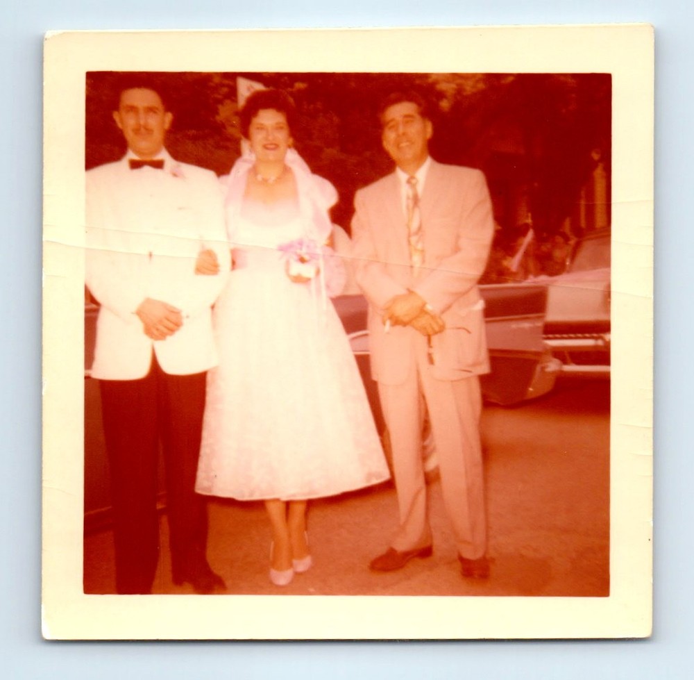 Old Vintage Square Color Photo MEN WOMAN BRIDE GROOM WEDDING DRESS PIC
