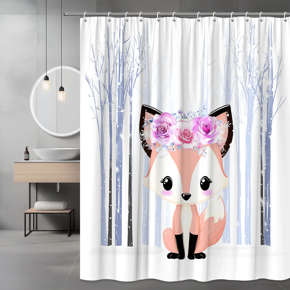 Fox Shower Curtain Pink Floral Forest Kids Bathroom Decor