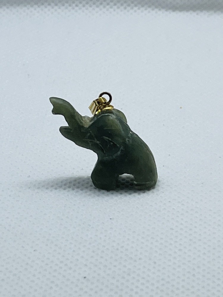 Vintage Carved Green Stone Elephant Pendant Charm Trunk Up Good Luck