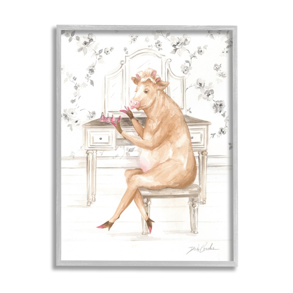 Glam Cow at Vanity Gray Framed Giclee Art Design by Debi Coules