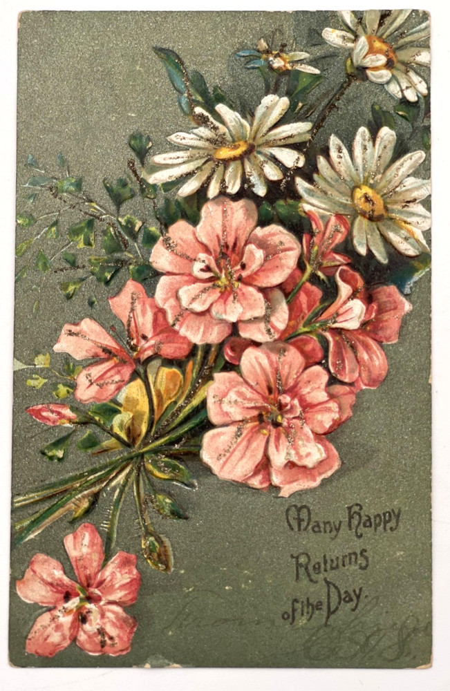 1907 Embossed Postcard Many Happy Returns Pink Daisies Glitter