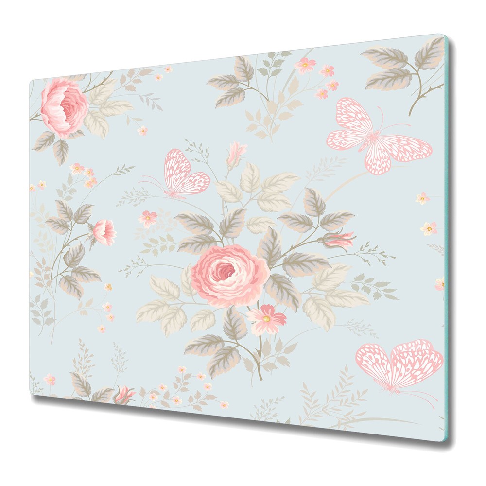 Glass Chopping Board Utensil Board Roses and butterflies blue and pink 60x52