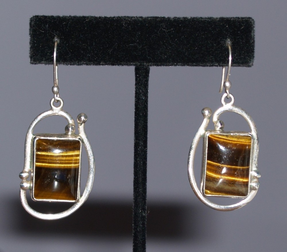 Vintage Sterling Silver 925 Tigers Eye Modernist Dangle Earrings-11.6 Grams