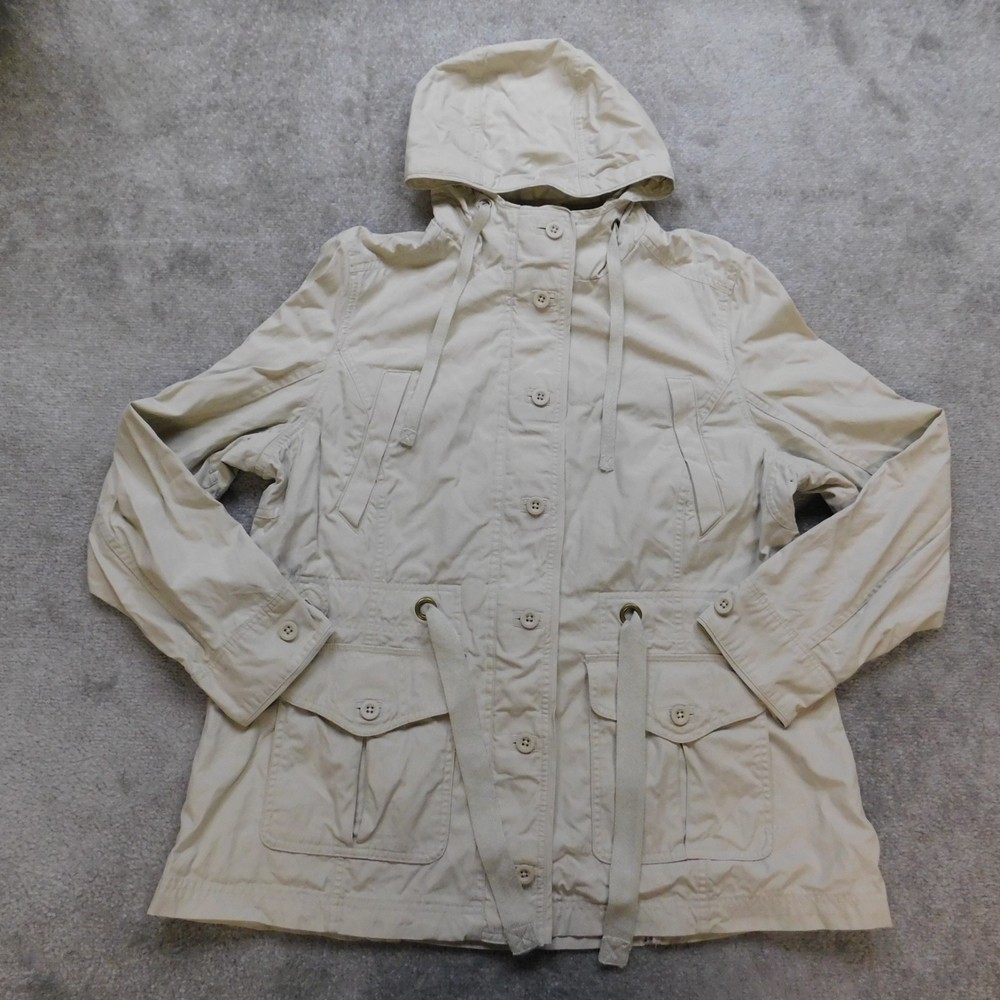 LL Bean Tan Trench Coat Womens Large Hooded Pockets Button Up Drawstring Waist